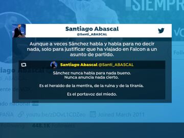 Santiago Abascal: "A veces Sánchez habla solo para justificar que ha viajado en Falcon a un asunto de partido"