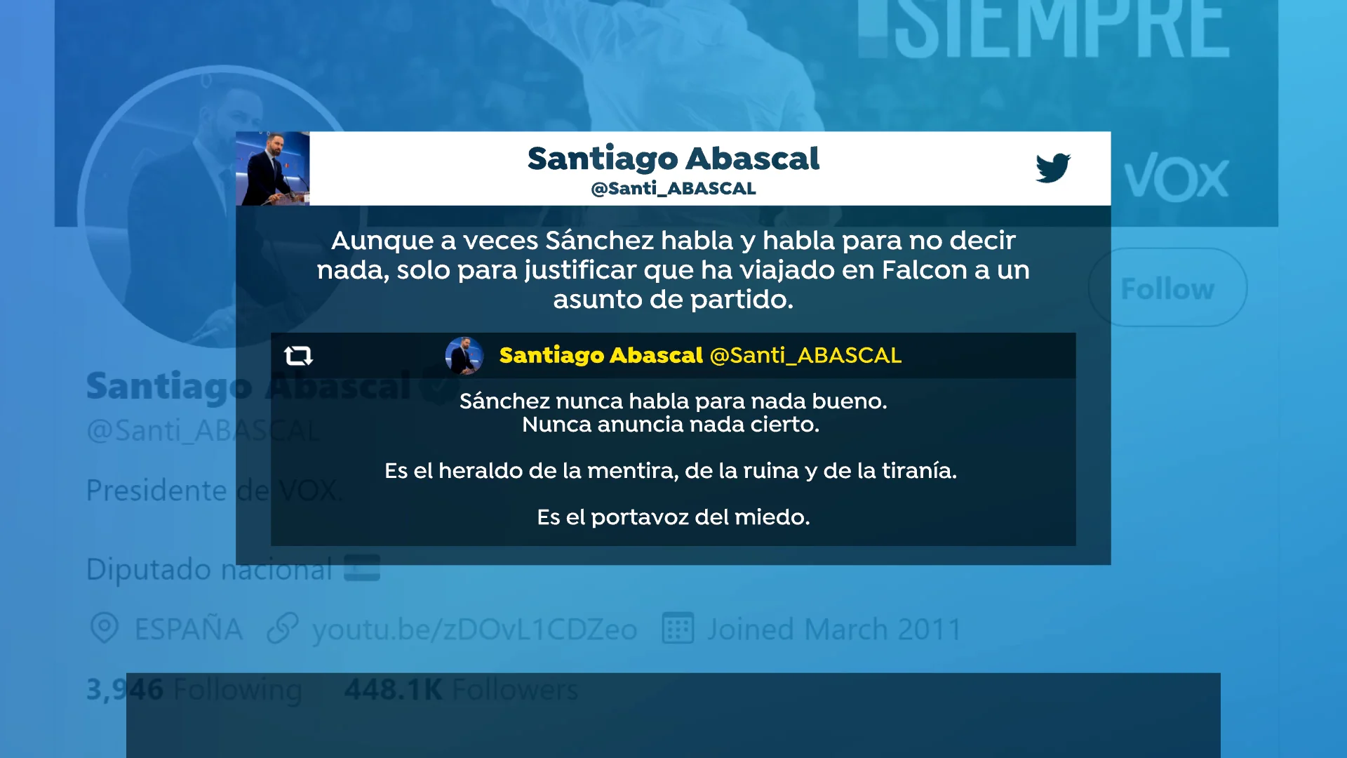 Santiago Abascal: "A veces Sánchez habla solo para justificar que ha viajado en Falcon a un asunto de partido" Santiago Abascal: "A veces Sánchez habla solo para justificar que ha viajado en Falcon a un asunto de partido"