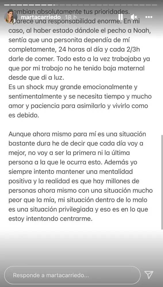 Marta Carriedo anuncia la ruptura con su pareja cinco meses después de dar a luz a su primer hijo