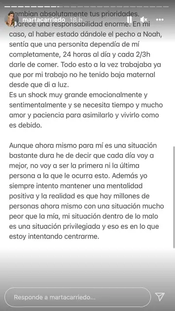 Marta Carriedo anuncia la ruptura con su pareja cinco meses después de dar a luz a su primer hijo Marta Carriedo anuncia la ruptura con su pareja cinco meses después de dar a luz a su primer hijo