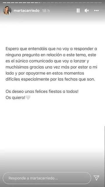 Marta Carriedo anuncia la ruptura con su pareja cinco meses después de dar a luz a su primer hijo Marta Carriedo anuncia la ruptura con su pareja cinco meses después de dar a luz a su primer hijo