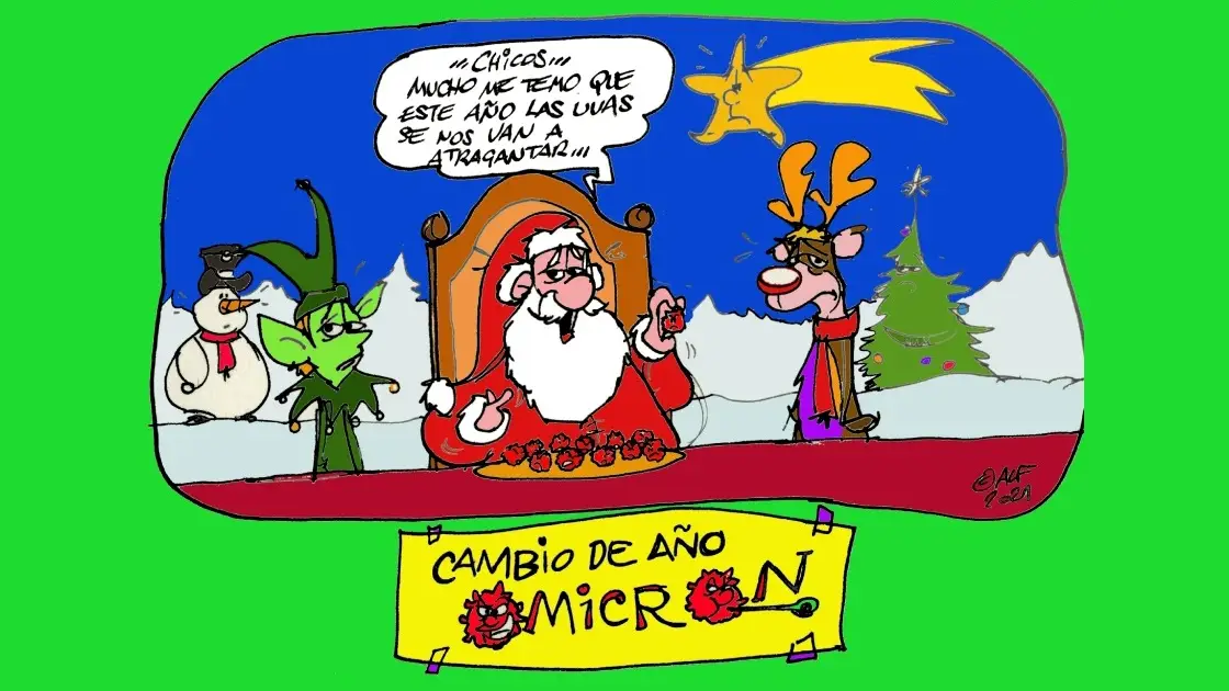Adiós a 2021 con la mente en la variante ómicron, en la viñeta gráfica de Alfredo Boto-Hervás Adiós a 2021 con la mente en la variante ómicron, en la viñeta gráfica de Alfredo Boto-Hervás