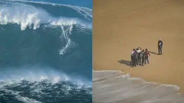 Los surfistas Pierre Rollet y CJ Macias, damnificados por el primer gran swell del año en Nazaré