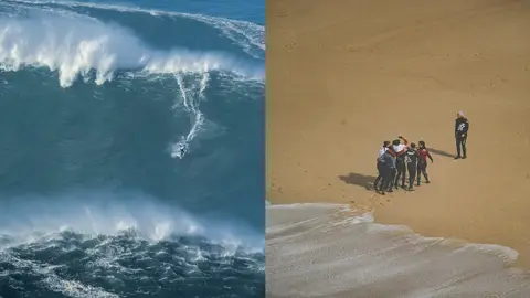 Los surfistas Pierre Rollet y CJ Macias, damnificados por el primer gran swell del año en Nazaré Los surfistas Pierre Rollet y CJ Macias, damnificados por el primer gran swell del año en Nazaré
