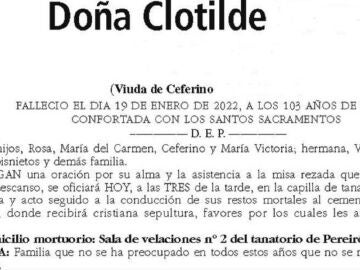 La esquela que aparece en el diario Faro de Vigo.