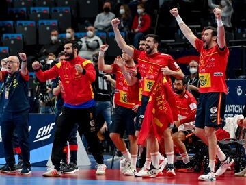 Los jugadores de España celebran un gol ante Dinamarca