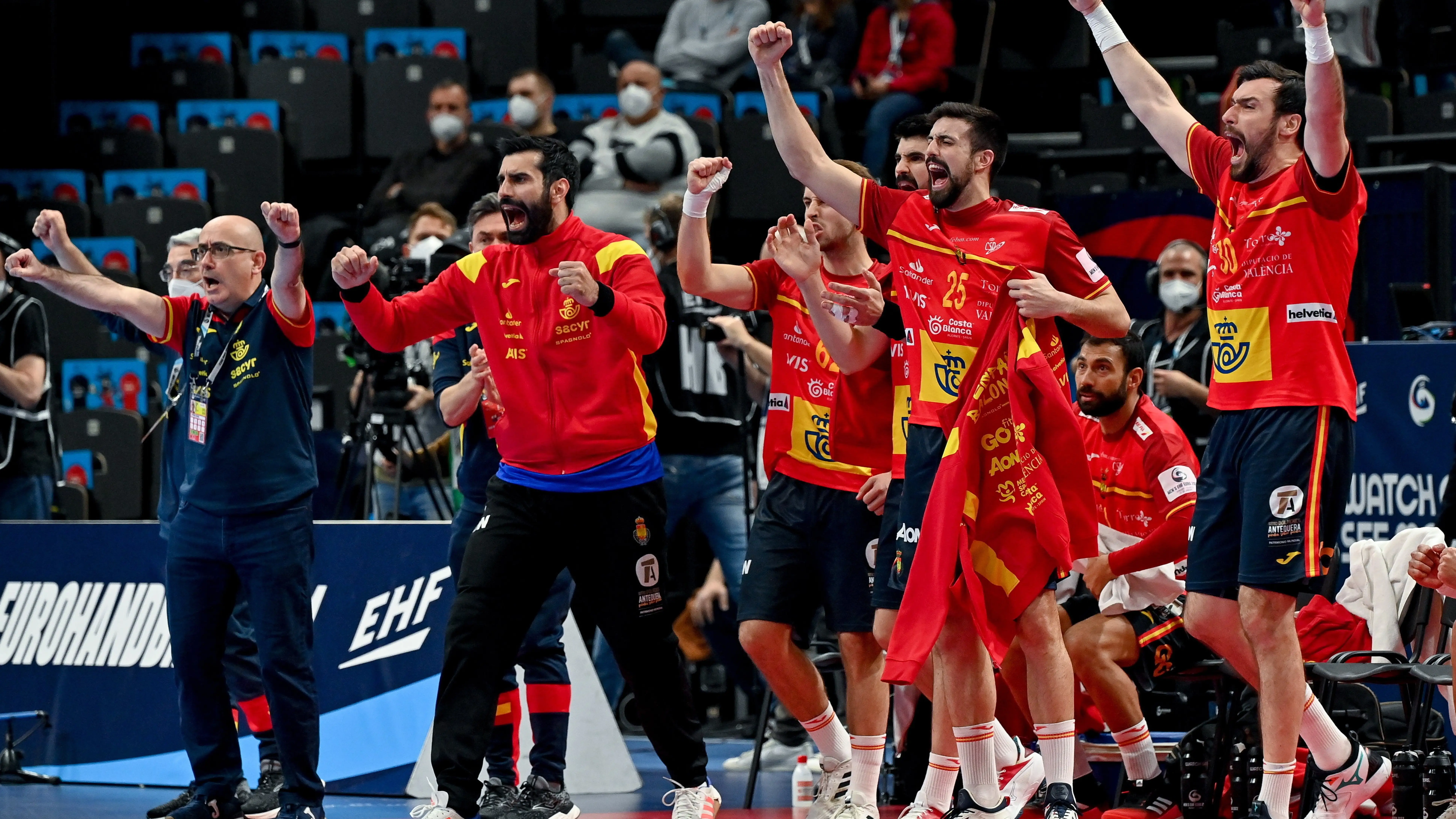 Los jugadores de Espa&ntilde;a celebran un gol ante Dinamarca