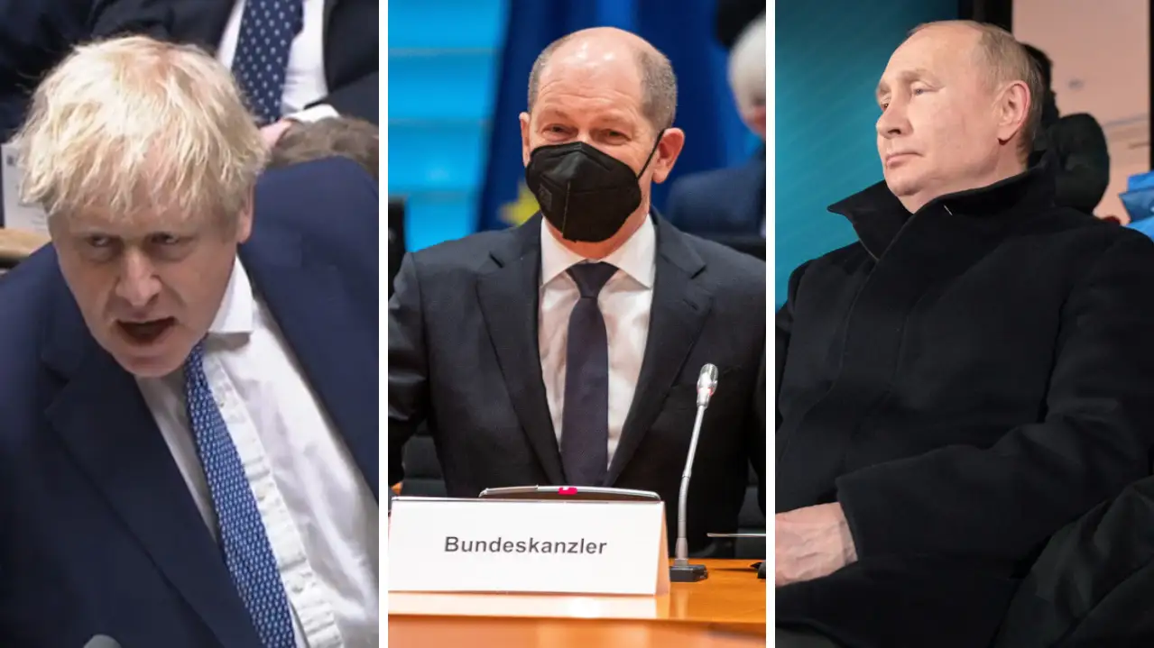 El primer ministro de Reino Unido, Boris Johnson, su hom&oacute;logo alem&aacute;n, Olaf Scholz, y el presidente ruso, Vladimir Putin