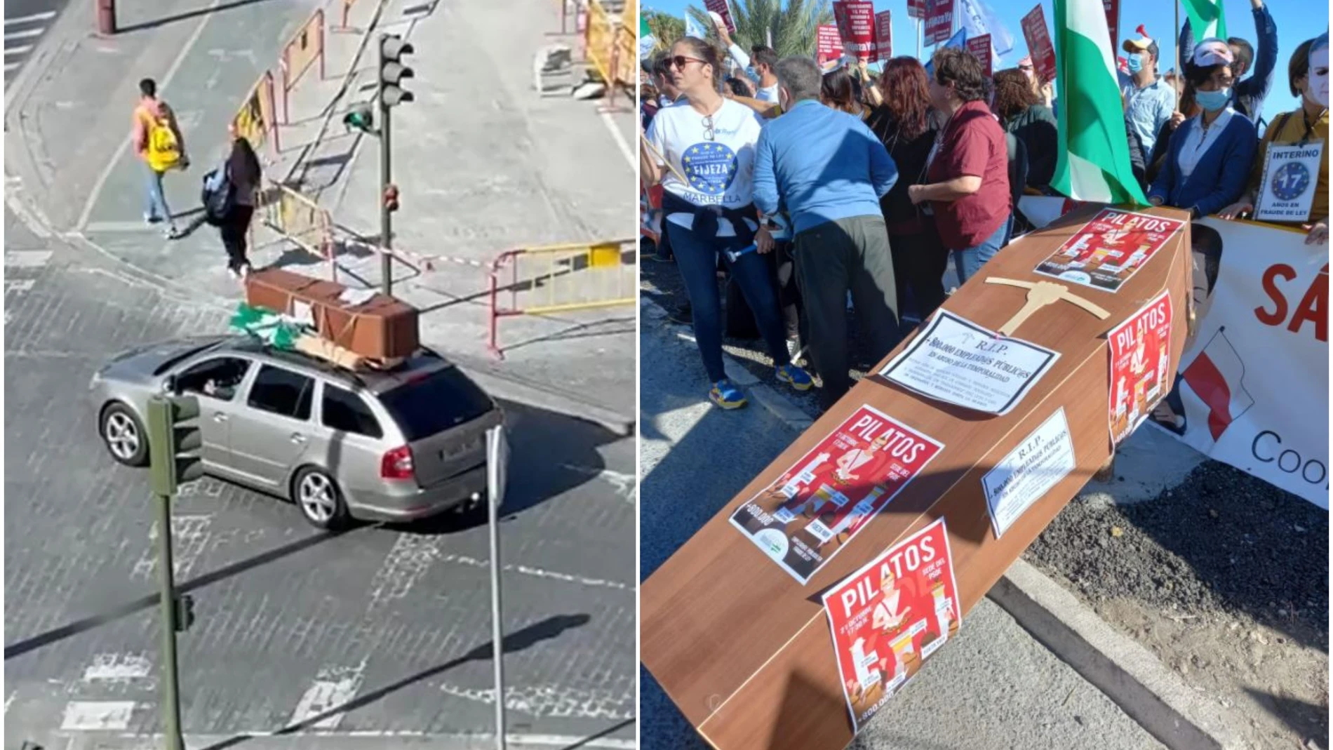 Siniestro recorrido por las calles de Sevilla con un ataúd en el techo del vehículo