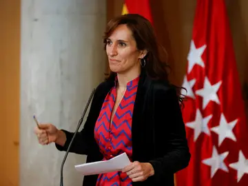 La líder de Más Madrid, Mónica García durante una rueda de prensa tras el pleno de la Asamblea de Madrid celebrado este jueves