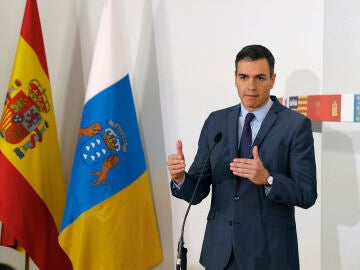 El presidente del Gobierno, Pedro Sánchez, durante su intervención en la reunión de la XXVI Conferencia de Presidentes se celebra este domingo en el Museo Arqueológico Benahoarita, en la localidad de Los Llanos de Aridane