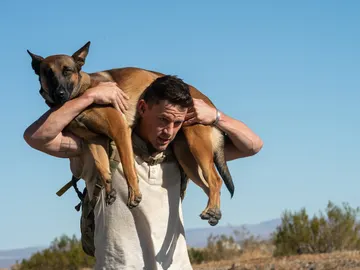 Channing Tatum llevando en brazos al perro de 'Dog. Un viaje salvaje' Channing Tatum llevando en brazos al perro de 'Dog. Un viaje salvaje'