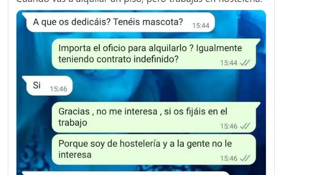 Captura de pantalla de la conversación entre una persona que se dedica a la hostelería y un intermediario Captura de pantalla de la conversación entre una persona que se dedica a la hostelería y un intermediario