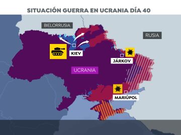 El mapa de la situación en Ucrania en el día 40 de guerra