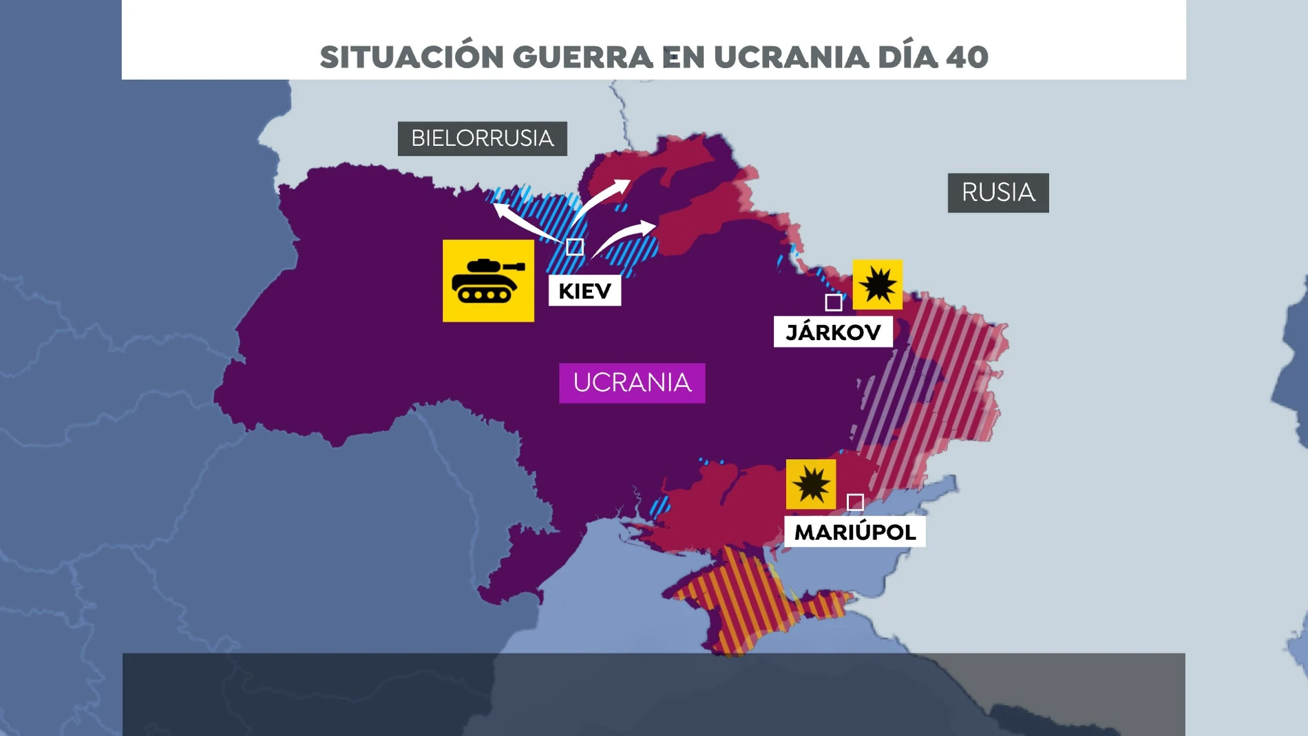 El mapa de la situación en Ucrania en el día 40 de guerra