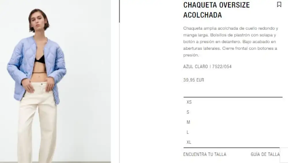 Chaqueta acolchada azul de Zara