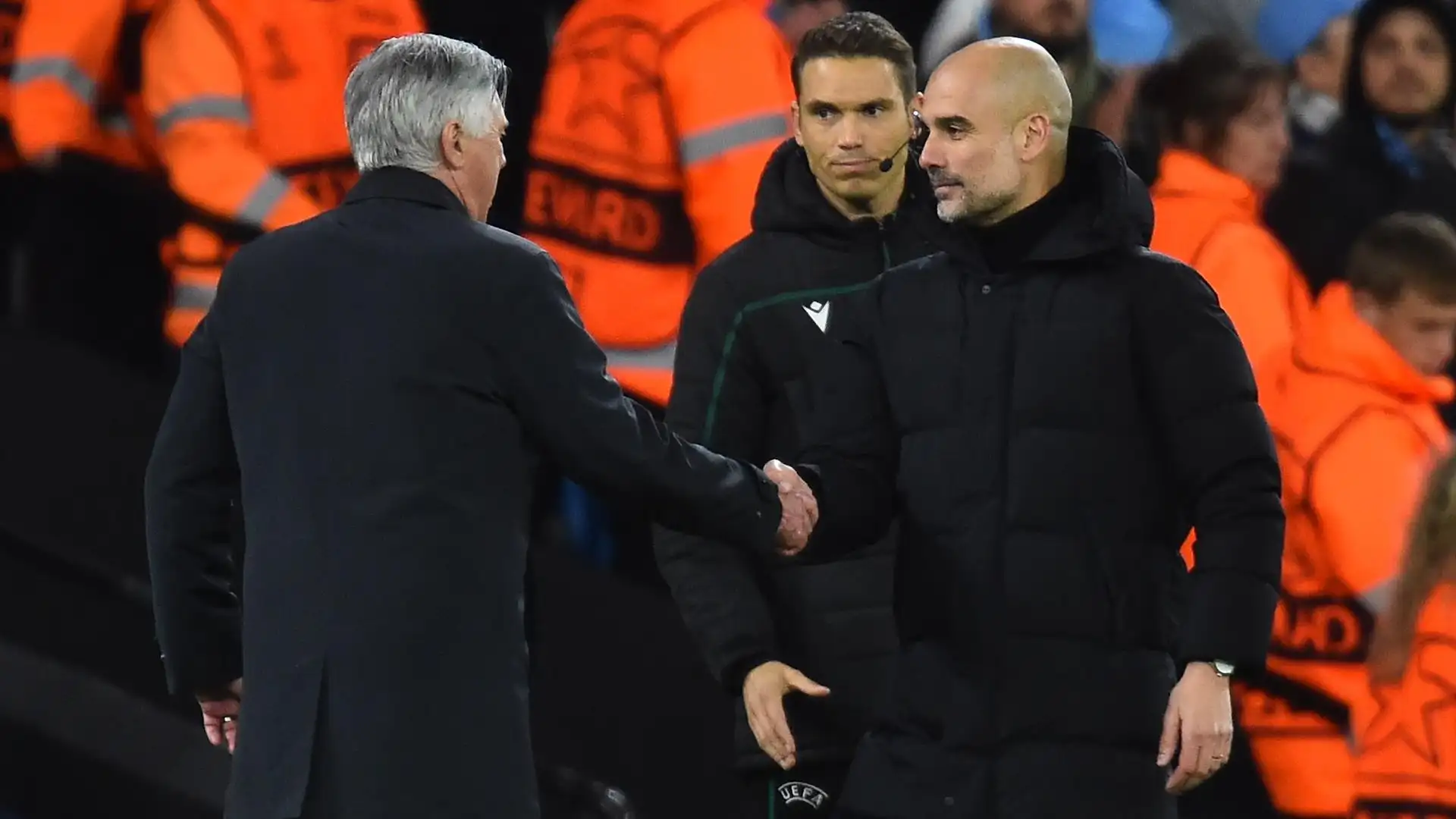 Pep Guardiola y Carlo Ancelotti durante el partido de Champions League Pep Guardiola y Carlo Ancelotti durante el partido de Champions League