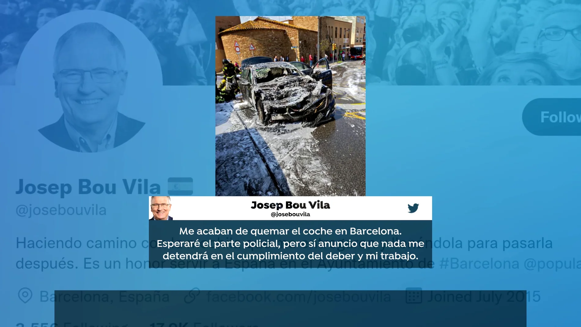 Le queman el coche a Josep Bou, concejal del PP en Barcelona