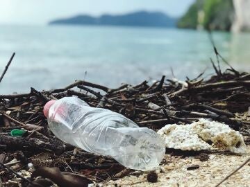 Botella de plástico abandonada en la playa