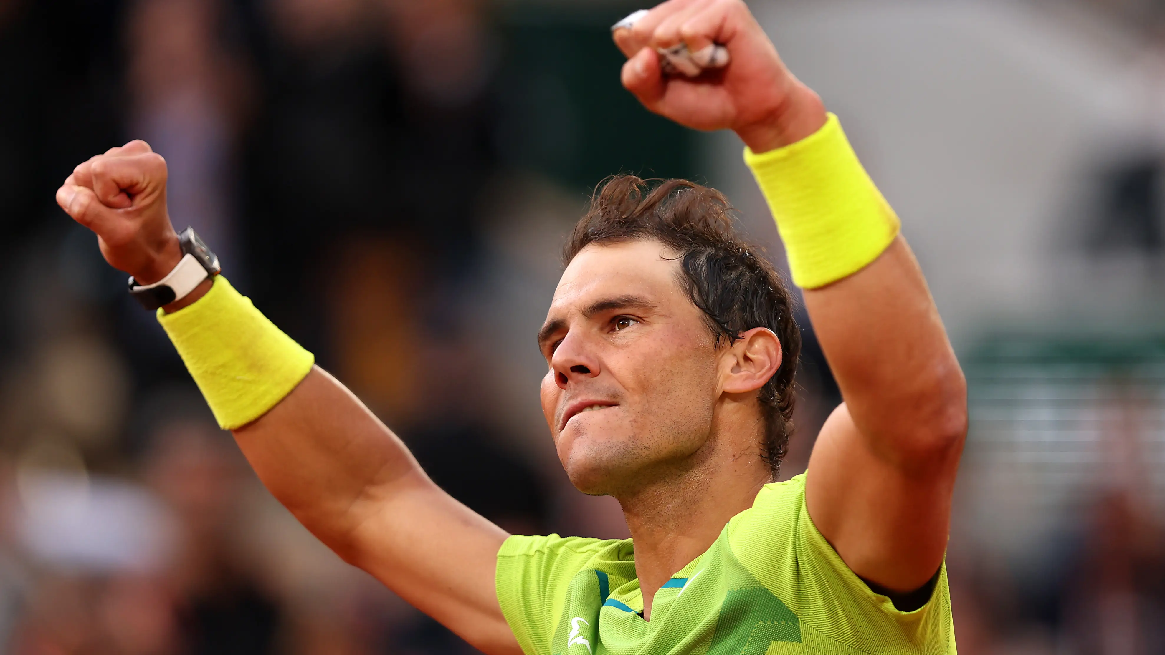 Rafael Nadal de España celebra un punto de partido contra Felix Auger-Aliassime de Canadá durante el partido de la cuarta ronda de individuales masculinos el día 8 del Abierto de Francia de 2022 en Roland Garros el 29 de mayo de 2022 en París, Francia Rafael Nadal de España celebra un punto de partido contra Felix Auger-Aliassime de Canadá durante el partido de la cuarta ronda de individuales masculinos el día 8 del Abierto de Francia de 2022 en Roland Garros el 29 de mayo de 2022 en París, Francia