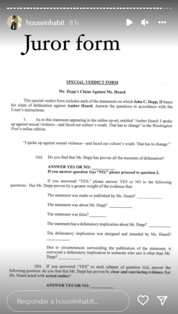 La primera página del formulario que debe rellenar el jurado del juicio entre Johnny Depp y Amber Heard