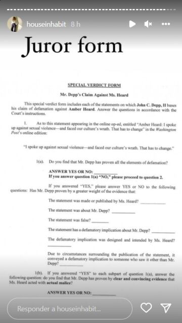 La primera página del formulario que debe rellenar el jurado del juicio entre Johnny Depp y Amber Heard