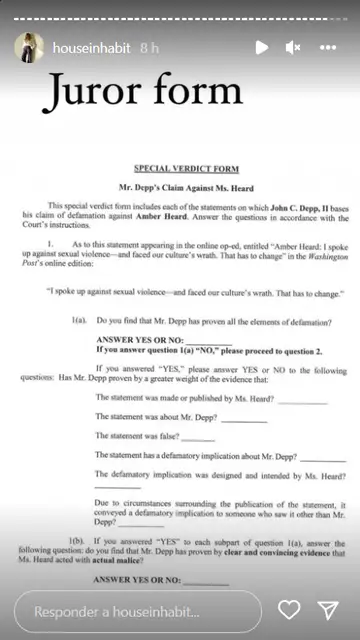 La primera página del formulario que debe rellenar el jurado del juicio entre Johnny Depp y Amber Heard La primera página del formulario que debe rellenar el jurado del juicio entre Johnny Depp y Amber Heard