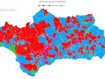 Proyección de resultados electorales en Andalucía por comunidades a 5 de junio de 2022