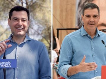Pedro Sánchez y Juanma Moreno en actos de campaña por las elecciones de Andalucía