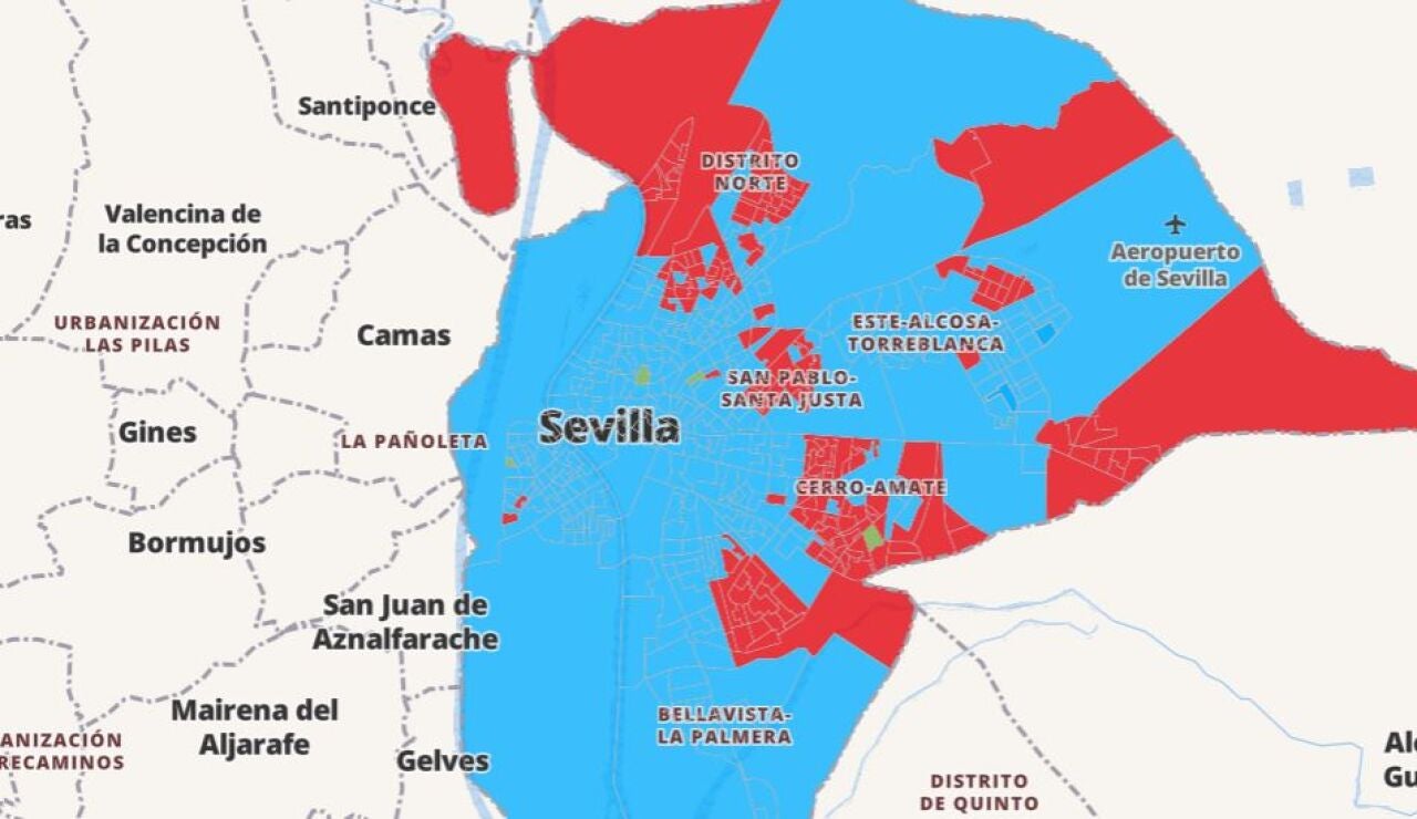 Mapa de Sevilla con los resultados de las elecciones de Andaluc&iacute;a