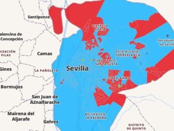Mapa de Sevilla con los resultados de las elecciones de Andaluc&iacute;a
