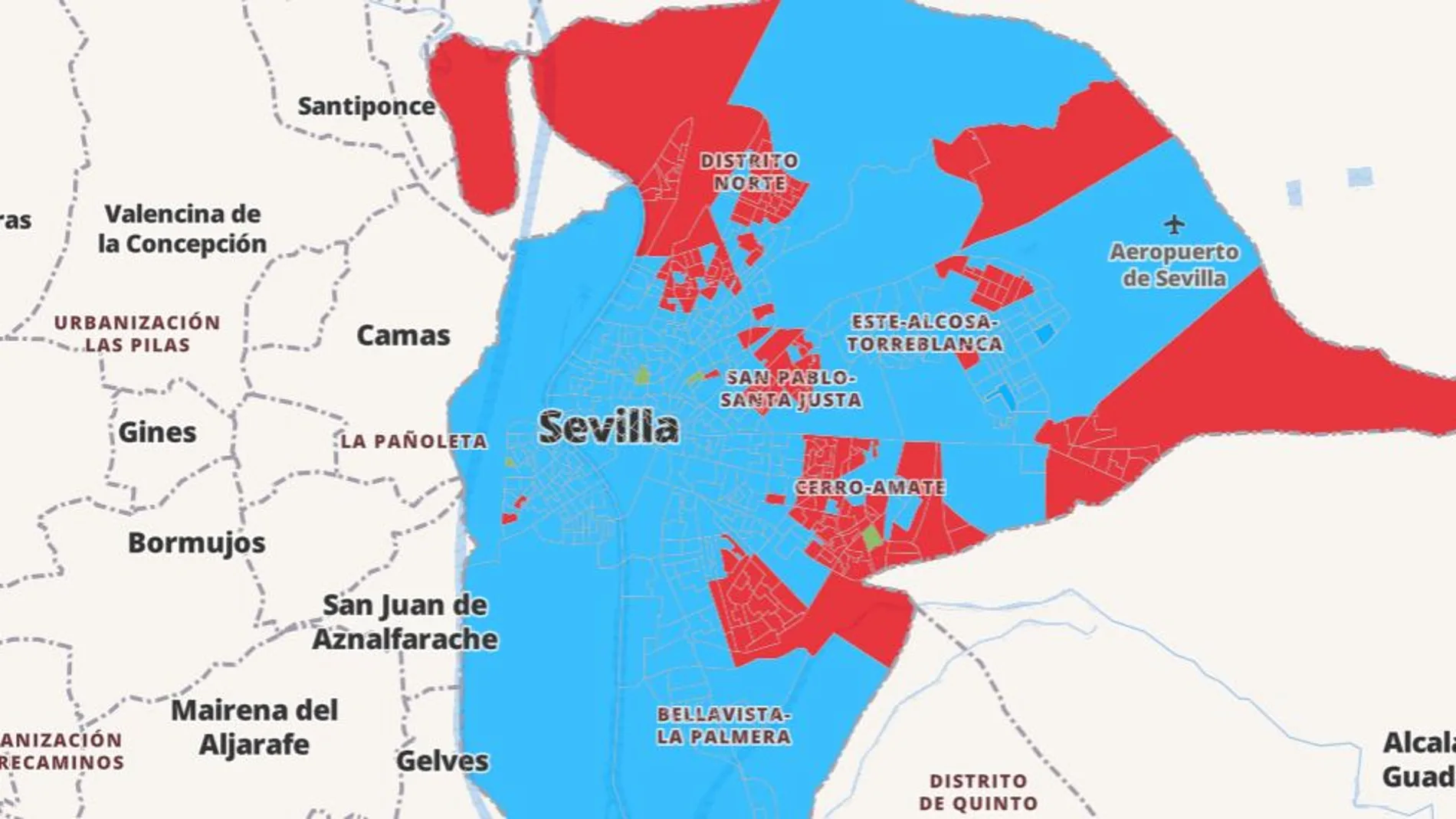 Mapa de Sevilla con los resultados de las elecciones de Andalucía