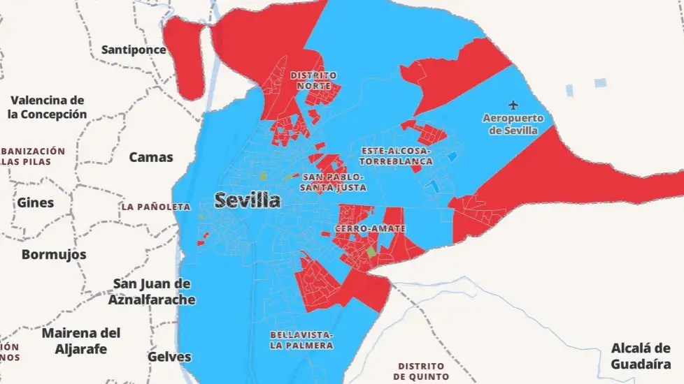 Mapa de Sevilla con los resultados de las elecciones de Andaluc&iacute;a