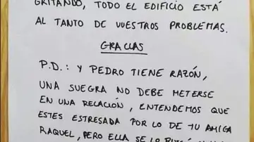 La nota viral en Twitter dirigida a los vecinos del 3ºB: "Todo el edificio está al tanto de vuestros problemas" La nota viral en Twitter dirigida a los vecinos del 3ºB: "Todo el edificio está al tanto de vuestros problemas"