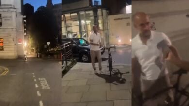 Un aficionado trata de pedir una foto a Guardiola y este huye pensando que le quiere robar la bicicleta