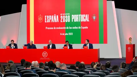 Luis Rubiales, en el anuncio de las sedes de España para el Mundial 2030 celebrado en la Ciudad del Fútbol de Las Rozas Luis Rubiales, en el anuncio de las sedes de España para el Mundial 2030 celebrado en la Ciudad del Fútbol de Las Rozas