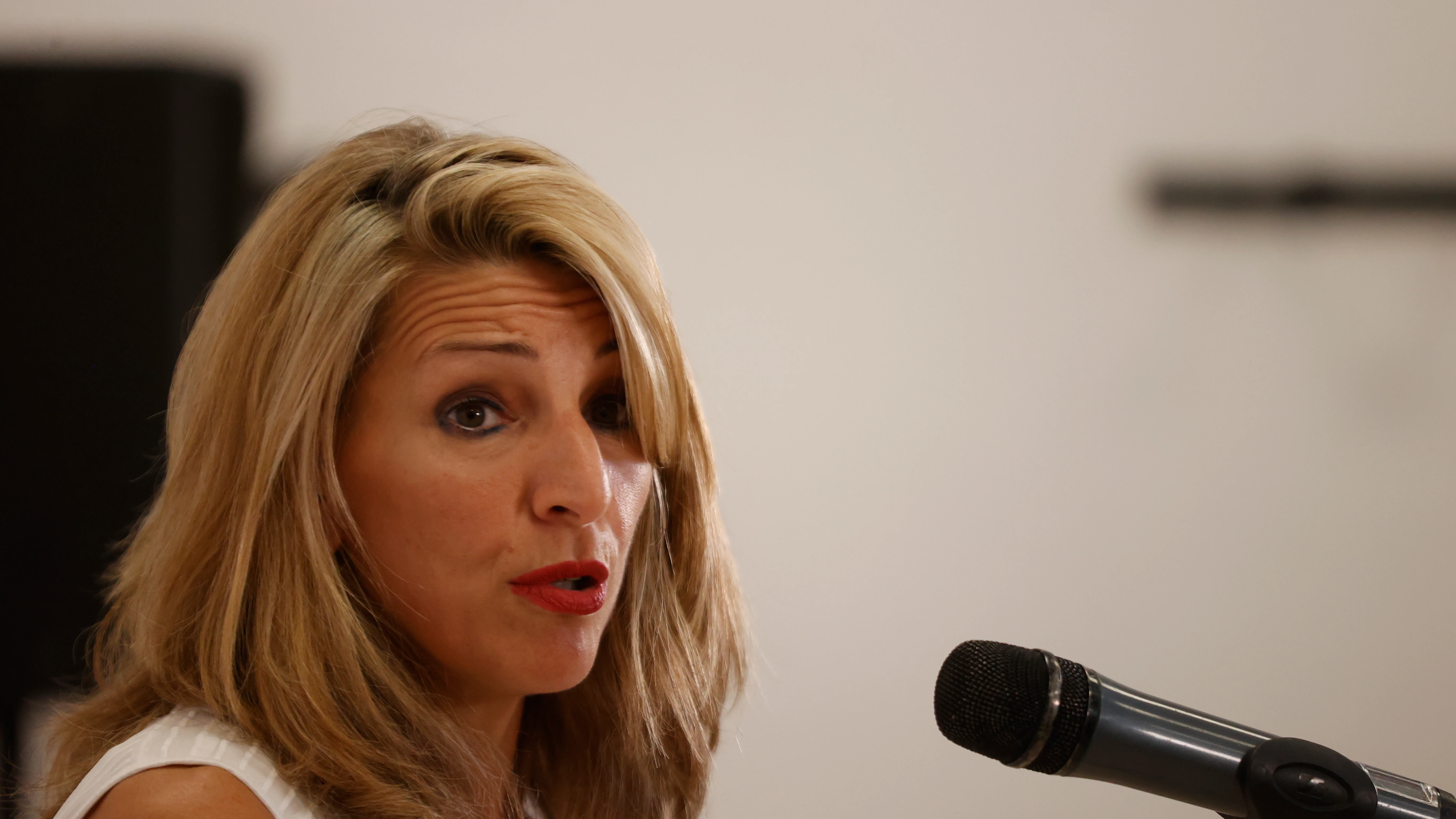 La vicepresidenta segunda del Gobierno, Yolanda D&iacute;az, durante una intervenci&oacute;n en San Lorenzo del Escorial, Madrid.