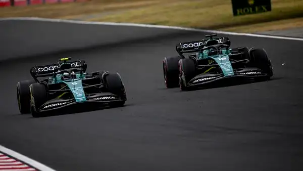 Los Aston Martin de Sebastian Vettel y Lance Stroll en el GP de Hungría Los Aston Martin de Sebastian Vettel y Lance Stroll en el GP de Hungría