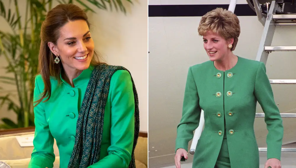 Kate Middleton luciendo un traje verde parecido al de Lady Di
