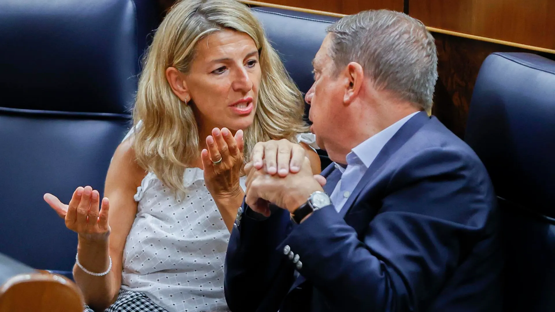 Yolanda D&iacute;az charla con el ministro de Agricultura, Luis Planas