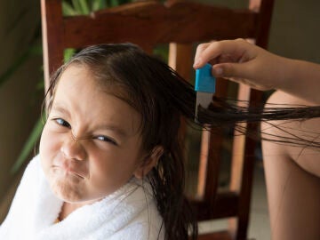 Peinado con lendrera el pelo de una niña con el pelo mojado.