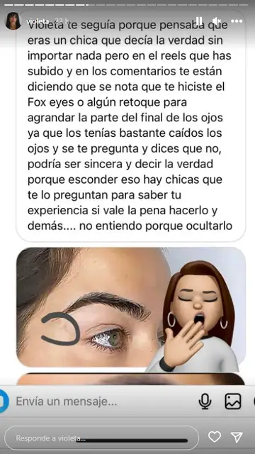 Una usuaria acusa a Violeta Mangriñán de haberse realizado los Foxy Eyes Una usuaria acusa a Violeta Mangriñán de haberse realizado los Foxy Eyes