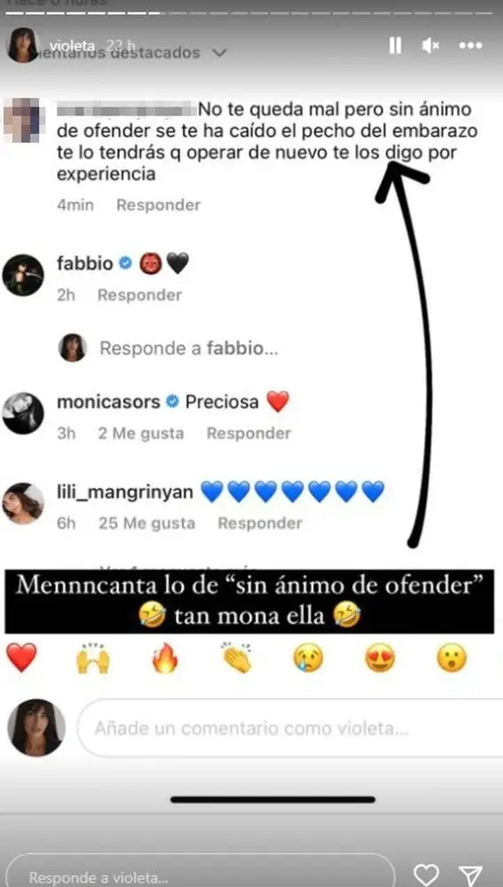 Violeta Mangriñán comparte el mensaje de una seguidora cuestionando sus pechos