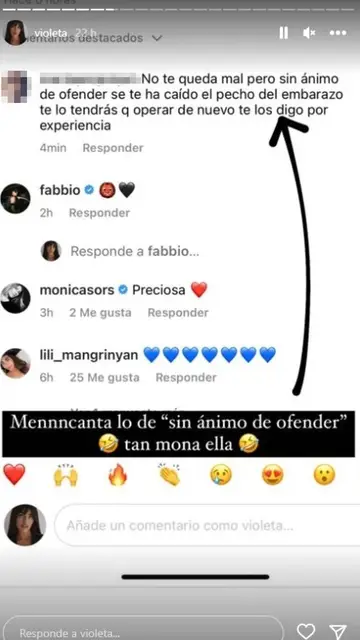 Violeta Mangriñán comparte el mensaje de una seguidora cuestionando sus pechos Violeta Mangriñán comparte el mensaje de una seguidora cuestionando sus pechos