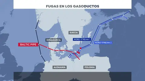 Mapa que detalla las fugas del Nord Stream y el nuevo gasoducto que llegará a Europa el próximo 1 de octubre Mapa que detalla las fugas del Nord Stream y el nuevo gasoducto que llegará a Europa el próximo 1 de octubre