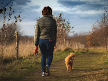 Una mujer caminando con su perro Una mujer caminando con su perro