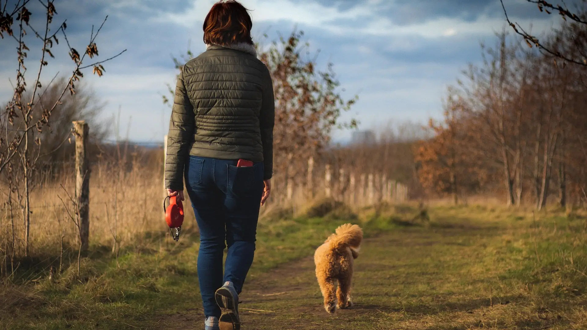 Una mujer caminando con su perro Una mujer caminando con su perro