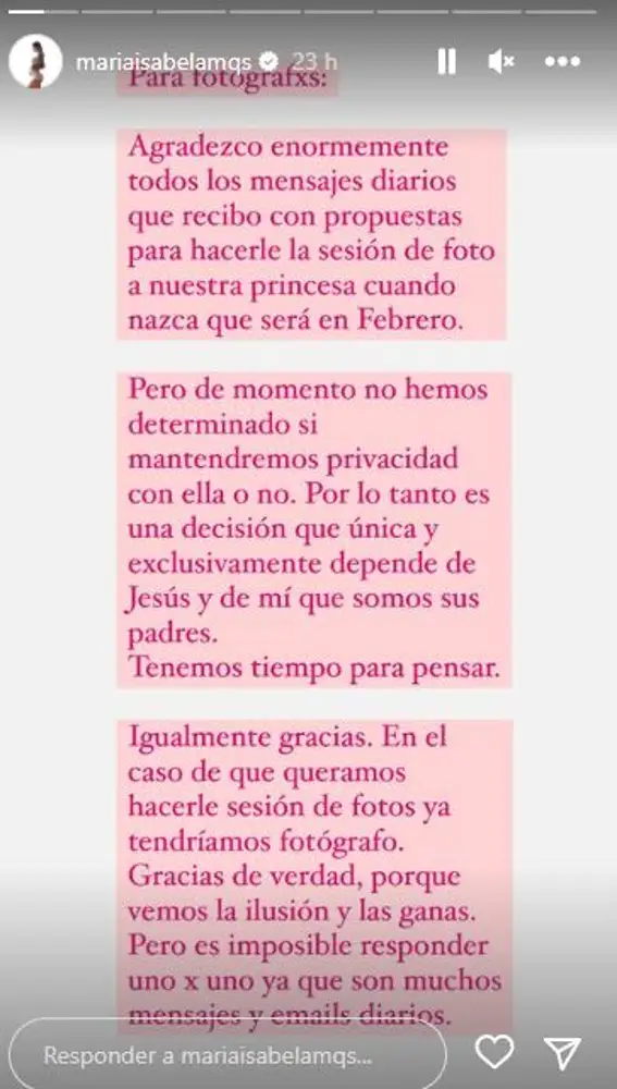 María Isabel desconoce por el momento si enseñará o no la cara de su hija 