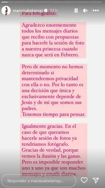 María Isabel desconoce por el momento si enseñará o no la cara de su hija María Isabel desconoce por el momento si enseñará o no la cara de su hija
