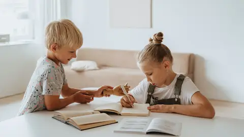 Dos hermanos compartiendo mesa y libros Dos hermanos compartiendo mesa y libros